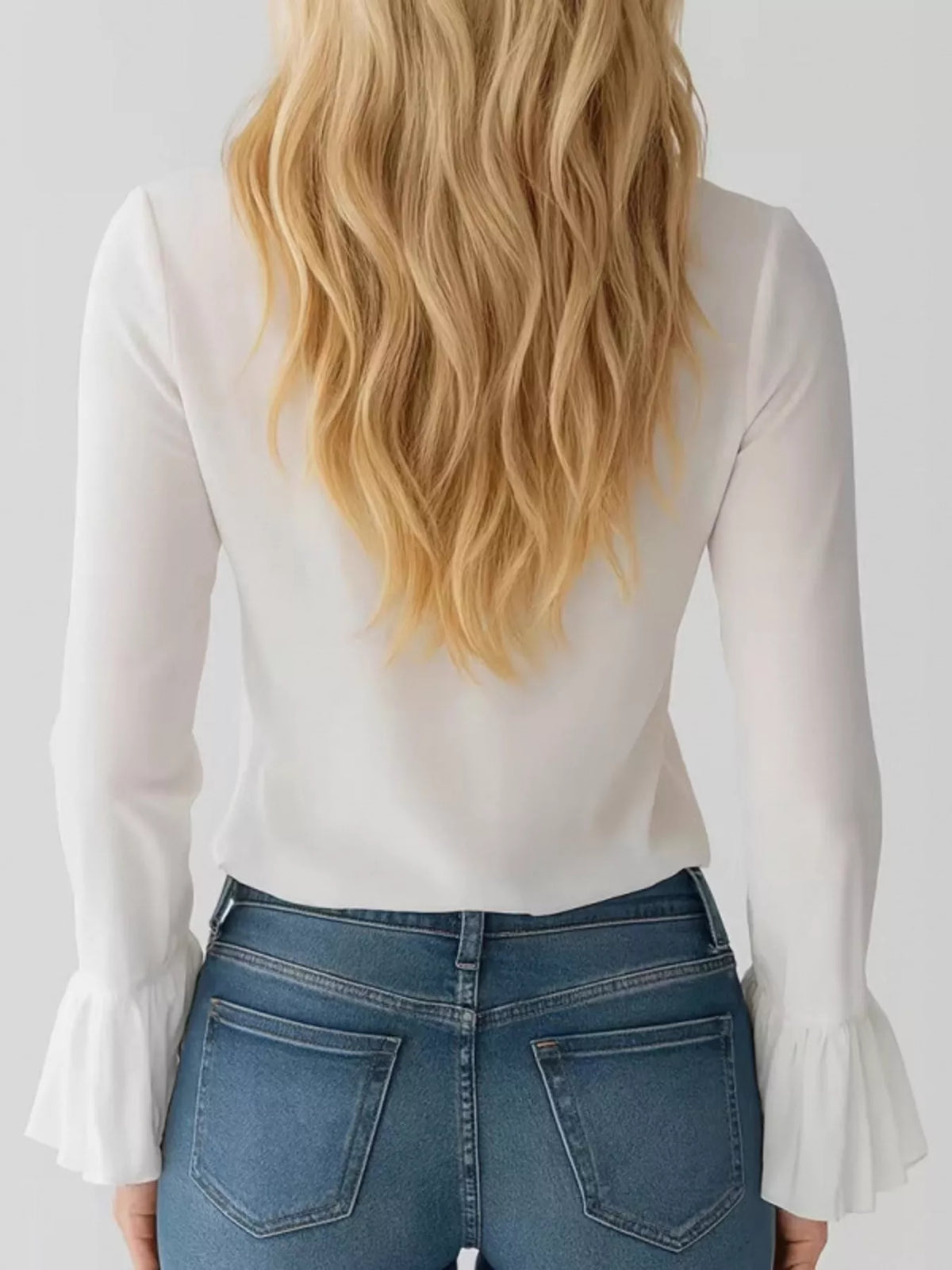 Ruffled Tie Front Flare Sleeve Blouse in White, view 3