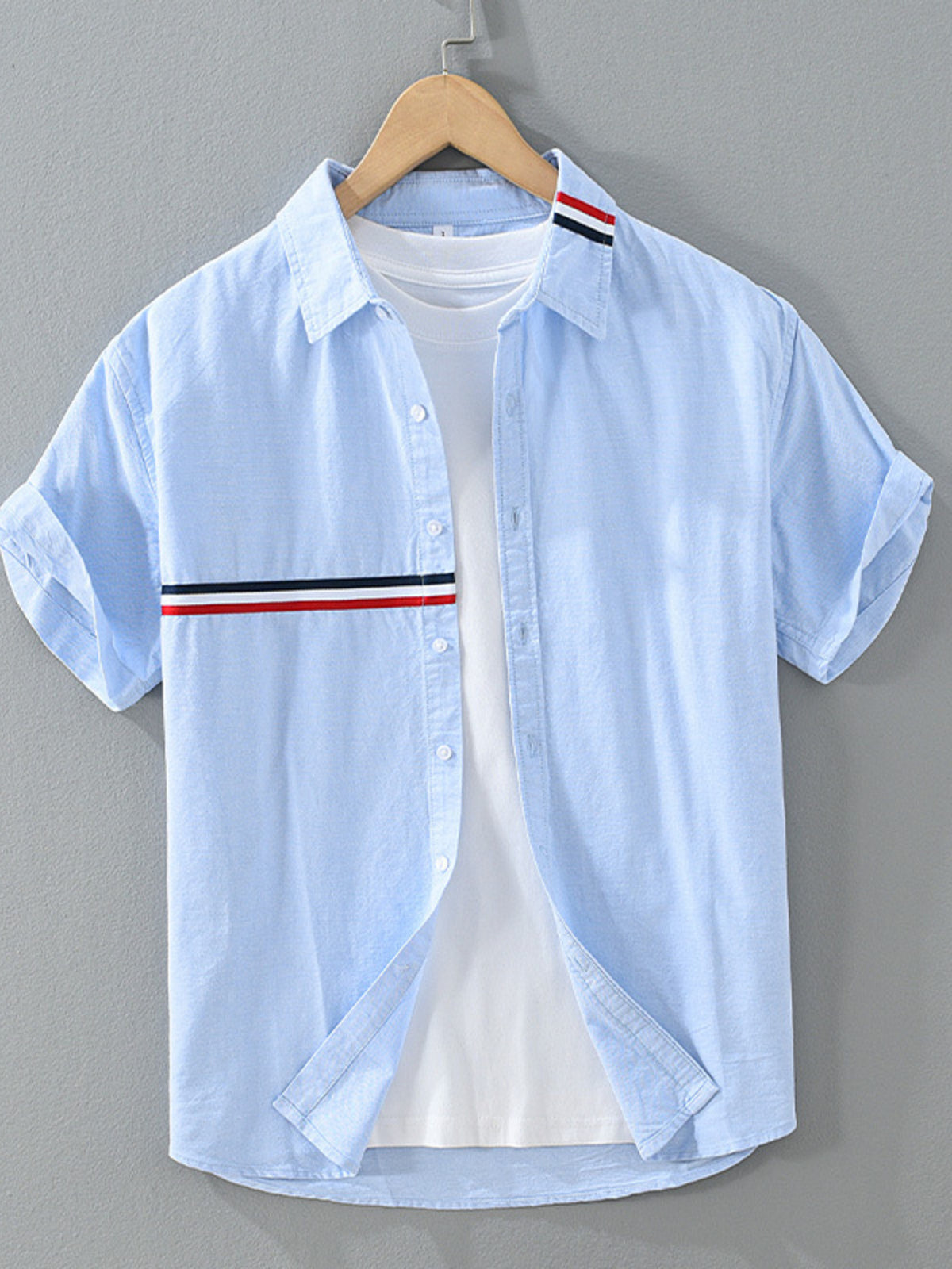 Men's Plus Size Casual Short Sleeve Shirt with Contrast Stripe Detail in Sky Blue