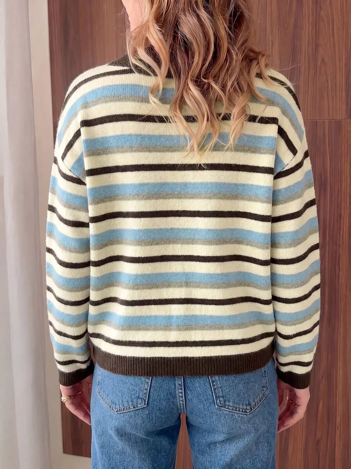 Striped Crew Neck Button-Down Cardigan - Lilixa.store