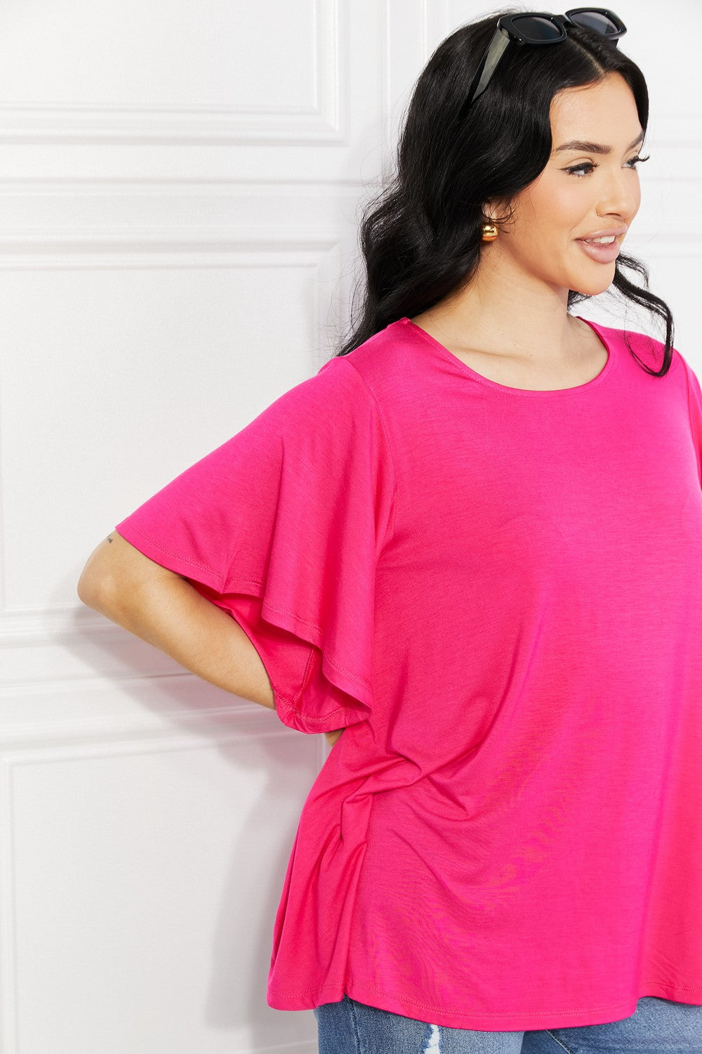Yelete Full Size More Than Words Flutter Sleeve Top in Hot Pink, view 4
