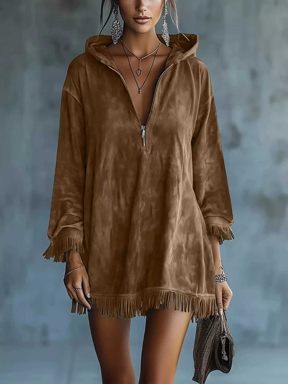 Full Size Hooded Fringed Half Zip Mini Dress Plus Size