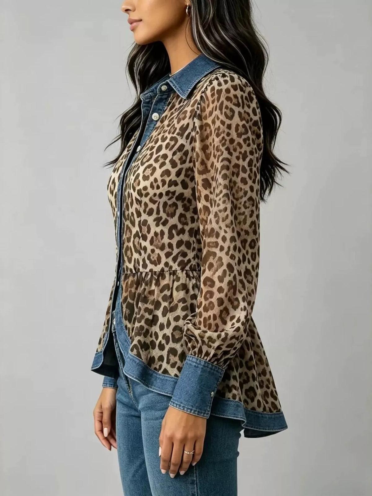 Denim Contrast Trim Leopard Shirt - Lilixa.store