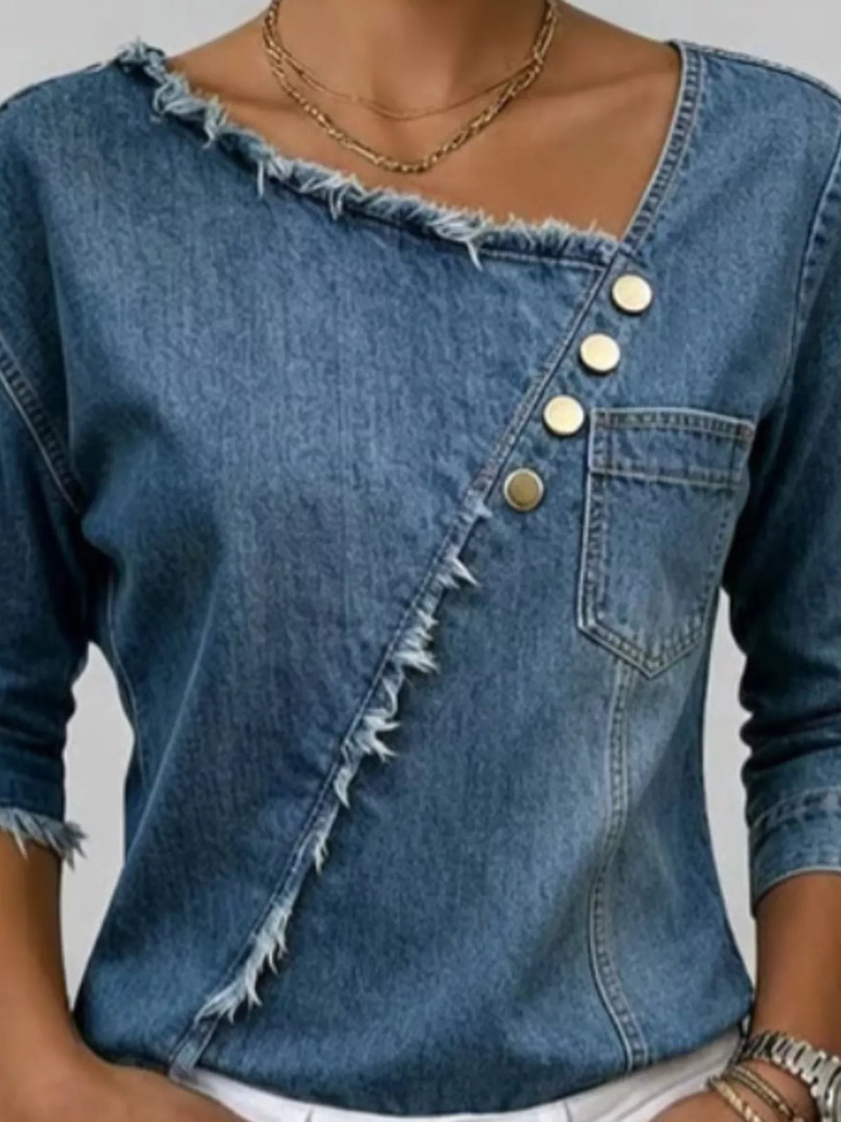 Asymmetric Raw-Edge Button-Detail Denim Top in Navy Blue, view 3