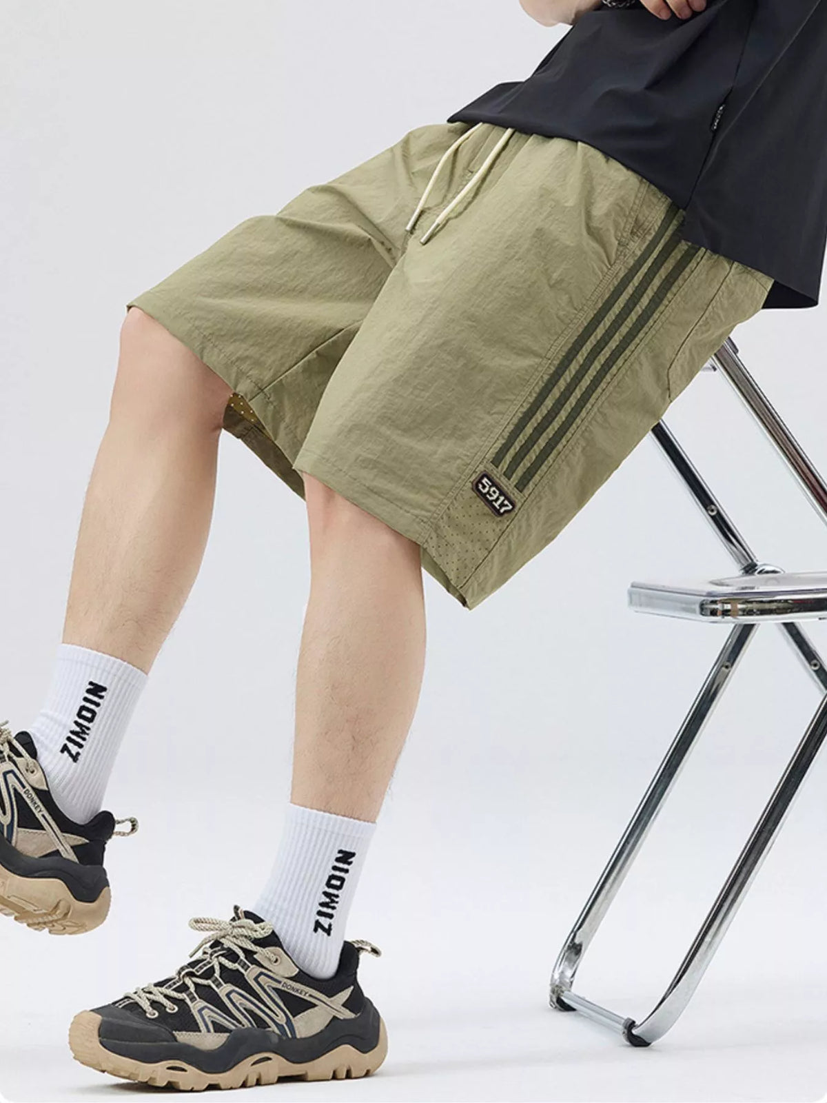 Men's Full Size Casual Loose-Fit Drawstring Shorts with Stripe Detail Plus Size in Light Green