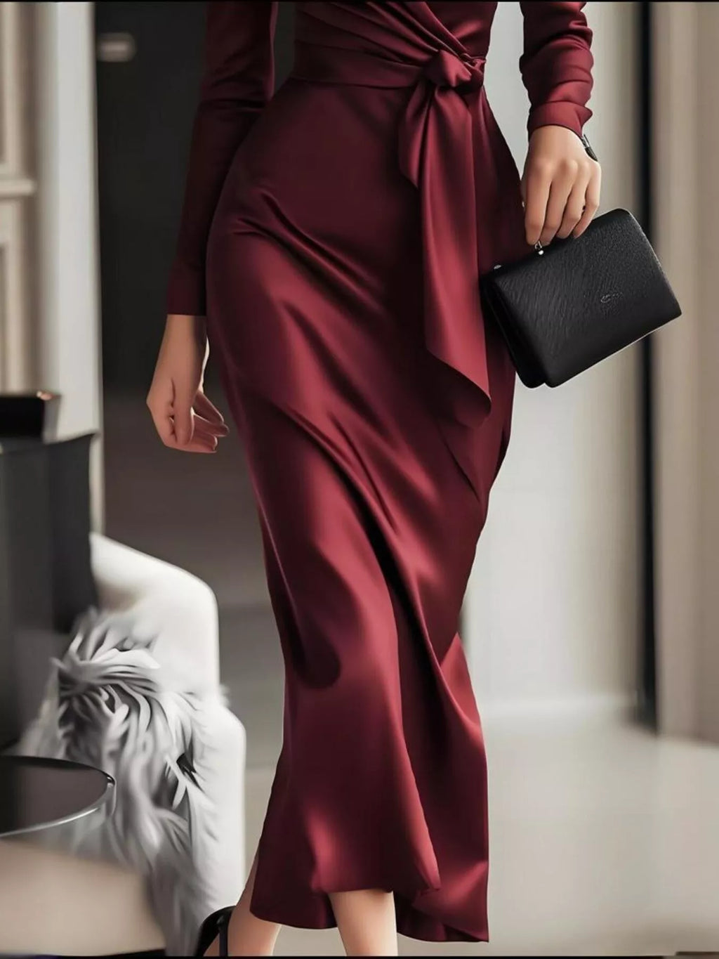 Surplice Satin Long Sleeve Dress - Lilixa.store