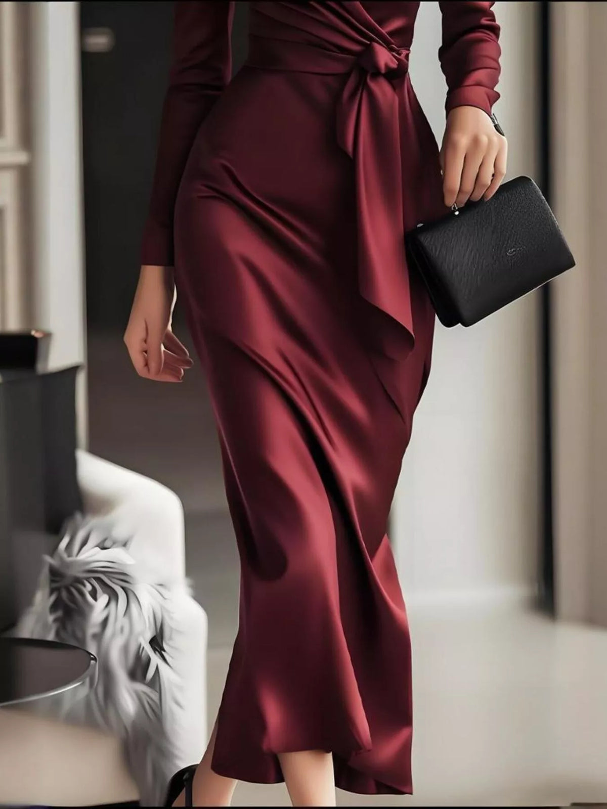 Surplice Satin Long Sleeve Dress - Lilixa.store