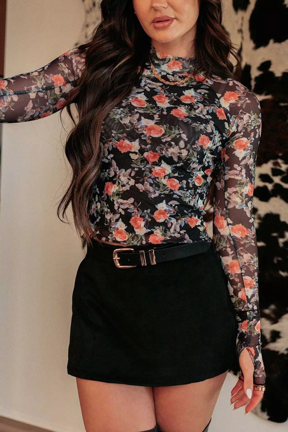 Floral Print Mesh Mock Neck Long Sleeve Blouse in Black
