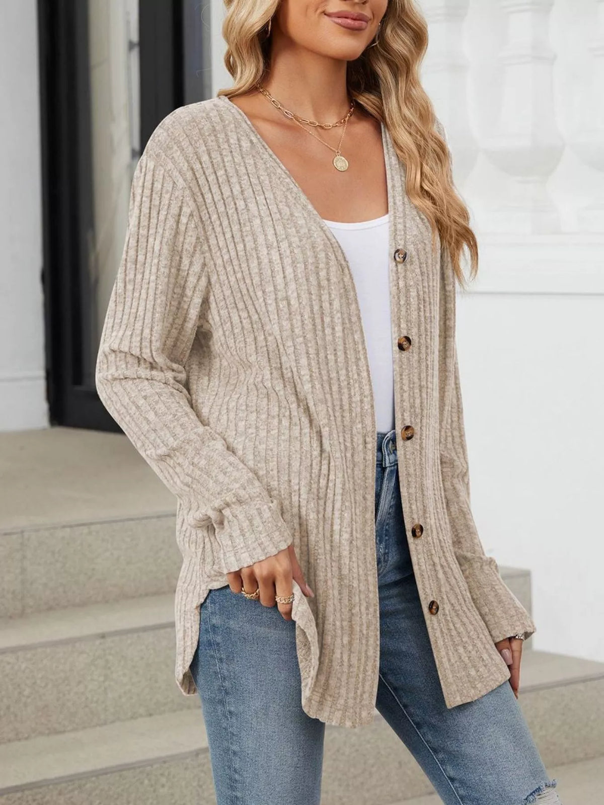 Ribbed Button-Up Cardigan - Lilixa.store