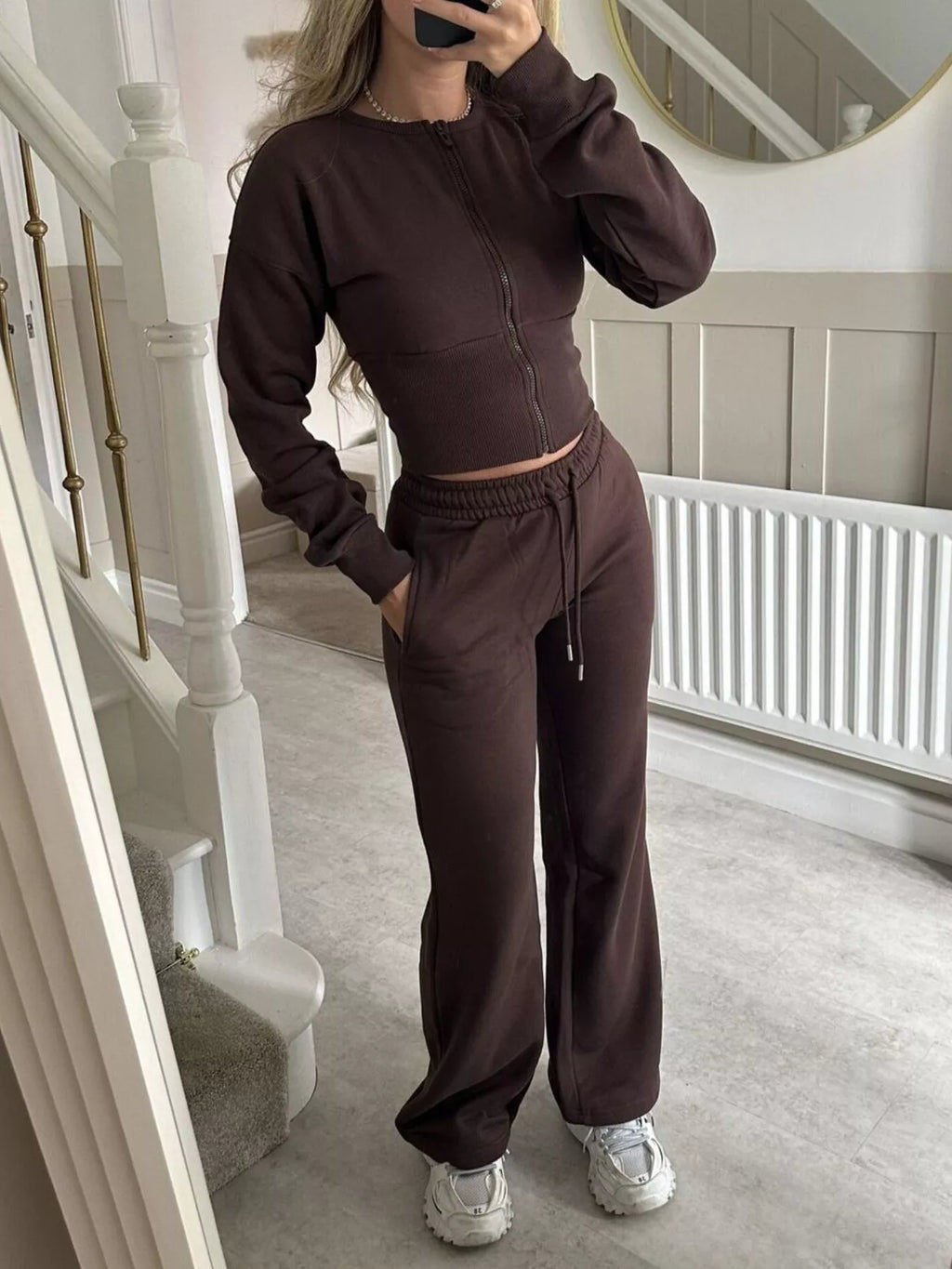 Zip-Up Crop Hoodie and High-Waisted Pants Set - Lilixa.store