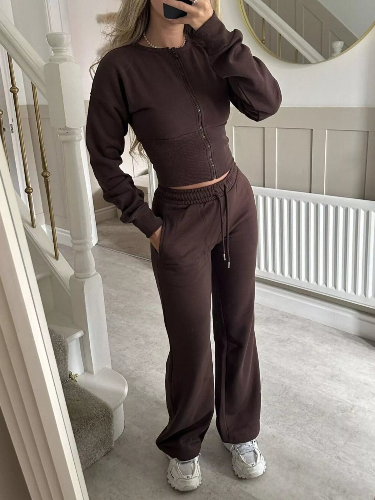 Zip-Up Crop Hoodie and High-Waisted Pants Set - Lilixa.store