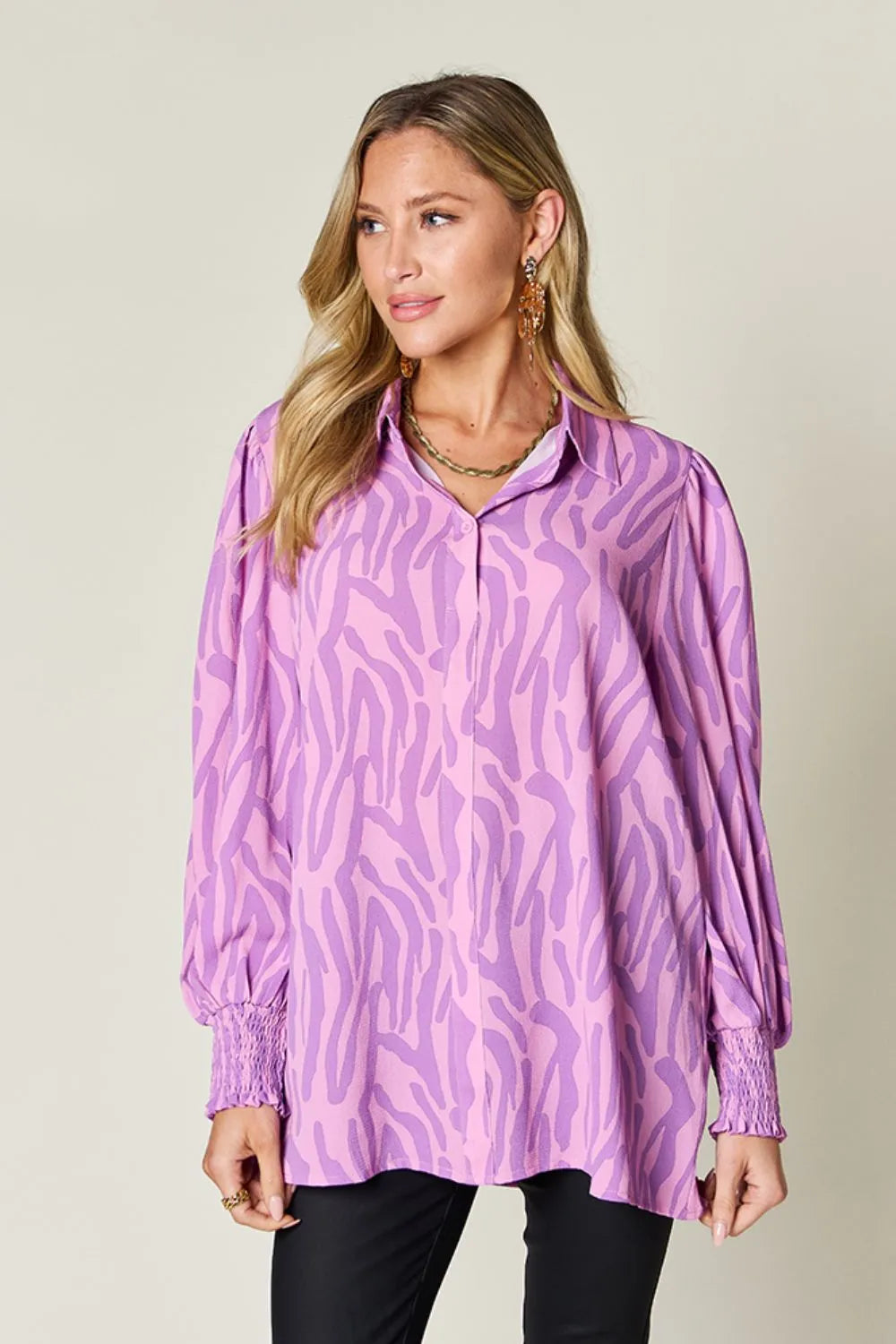 Double Take Full Size Printed Smocked Long Sleeve Blouse Plus Size - Lilixa.store