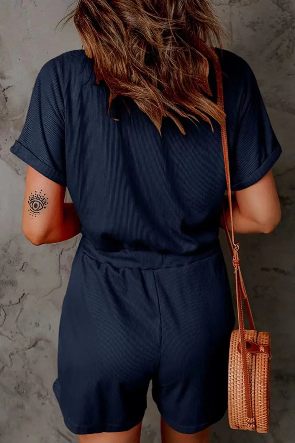 Full Size Drawstring V-Neck Short Sleeve Romper - Lilixa.store