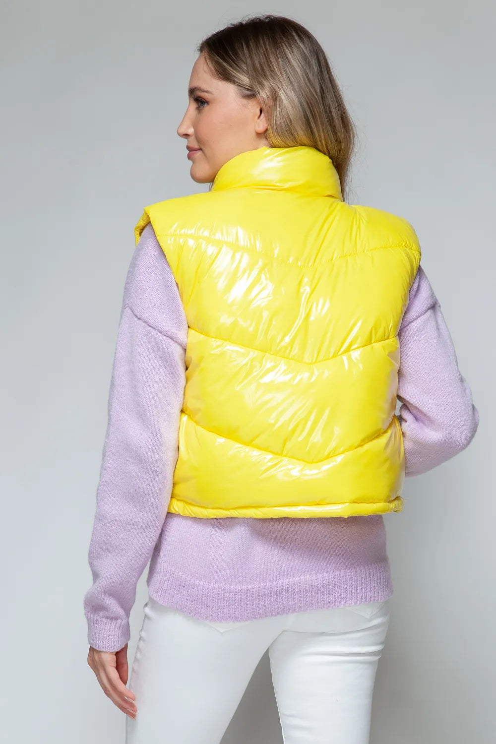 Snobbish Zip Up Turtleneck Shiny Quilted Vest in Yellow, view 3