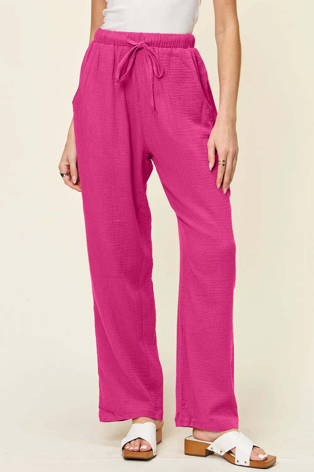 Double Take Full Size Texture Drawstring Straight Pants - Lilixa.store