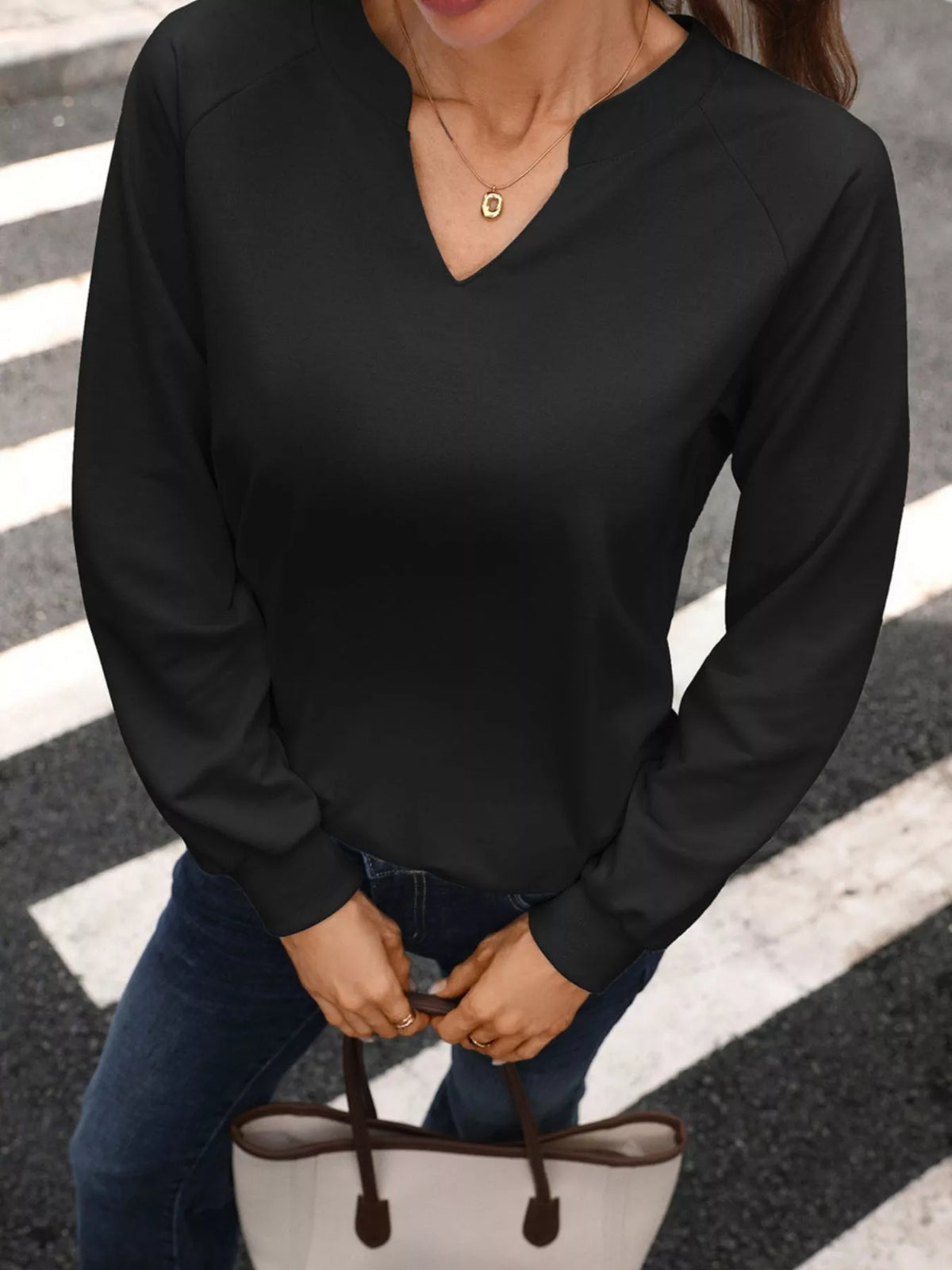 Notched Raglan Sleeve Sweatshirt - Lilixa.store
