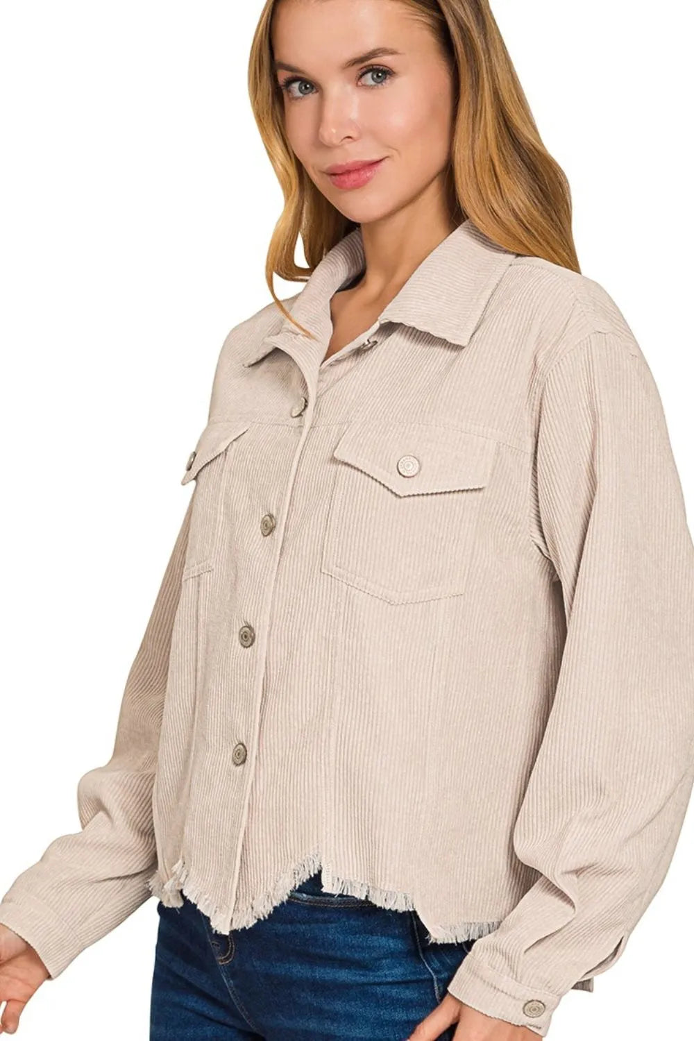 Zenana Distressed Corduroy Frayed Hem Cropped Jacket in Sand Beige, view 2