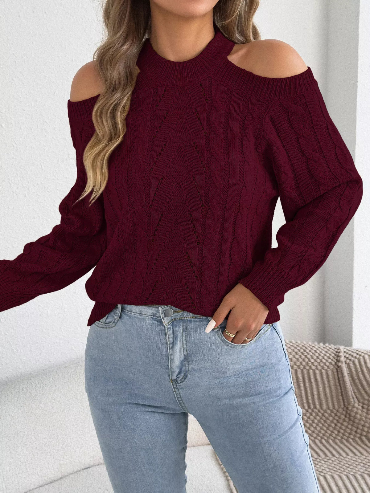 Cold Shoulder Cable Knit Sweater