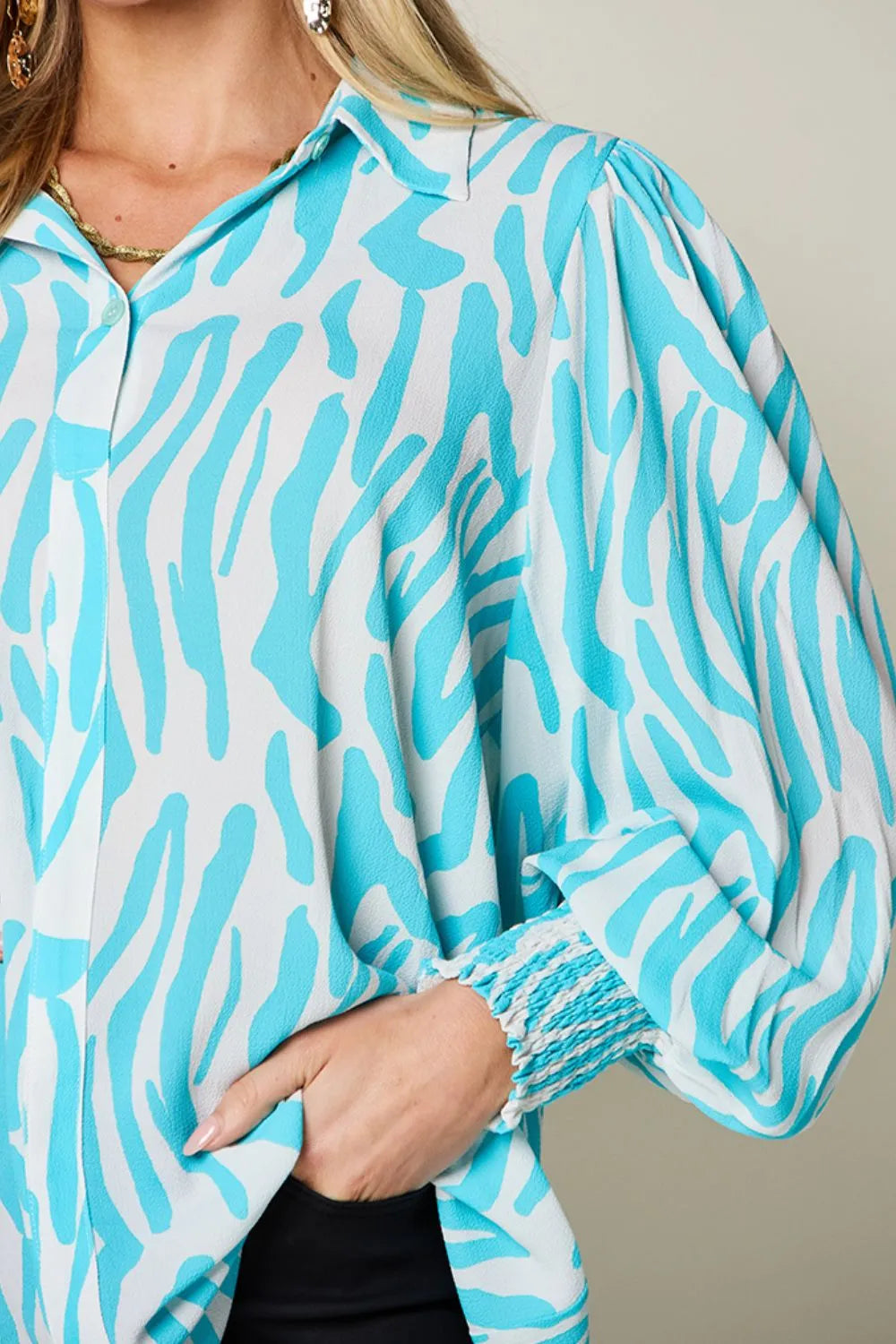 Double Take Full Size Printed Smocked Long Sleeve Blouse Plus Size - Lilixa.store