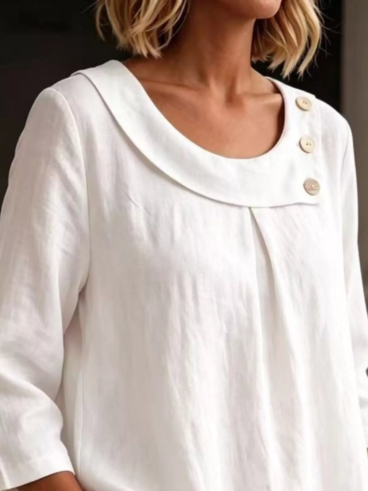 Linen Blend Blouse with Decorative Buttons in White