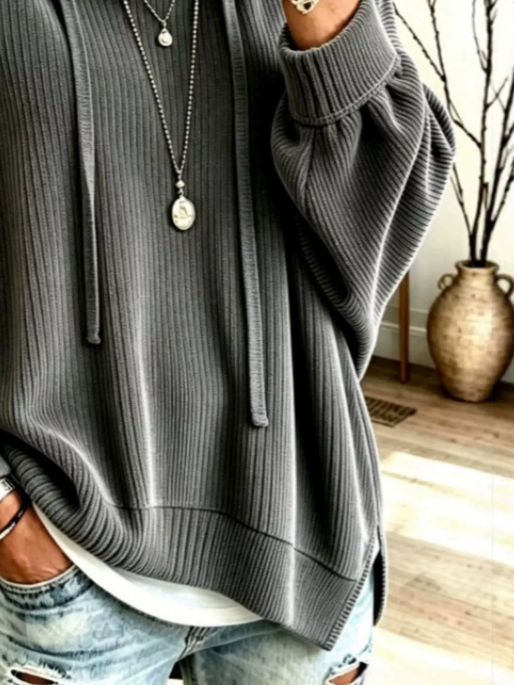 Drawstring Ribbed Knit Hoodie - Lilixa.store