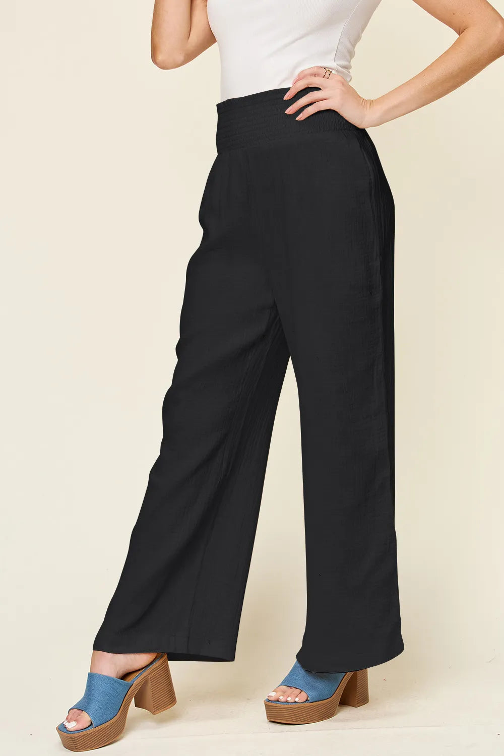 Double Take Full Size Texture Smocked Waist Wide Leg Pants - Lilixa.store