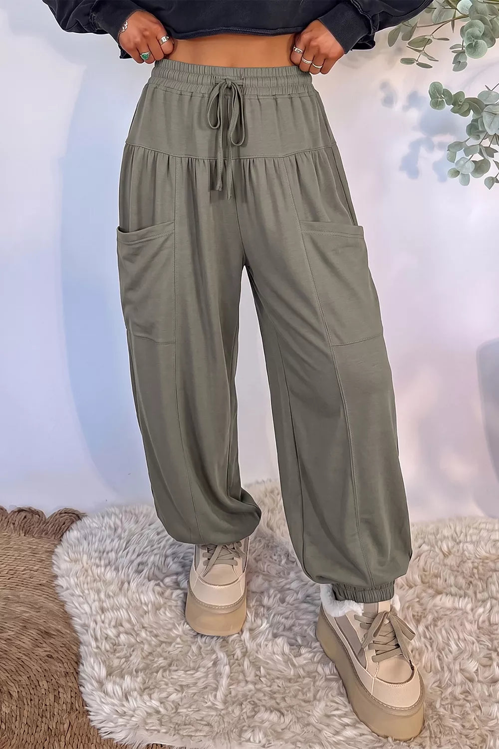 Elastic Waist Drawstring Wide Leg Full Length Pants - Lilixa.store