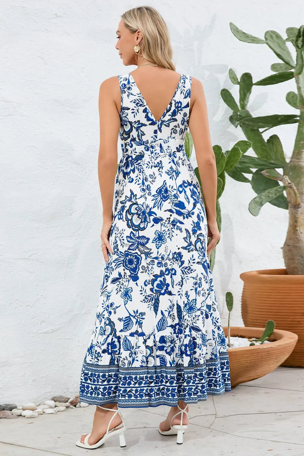 Printed V-Neck Wide Strap Dress - Lilixa.store