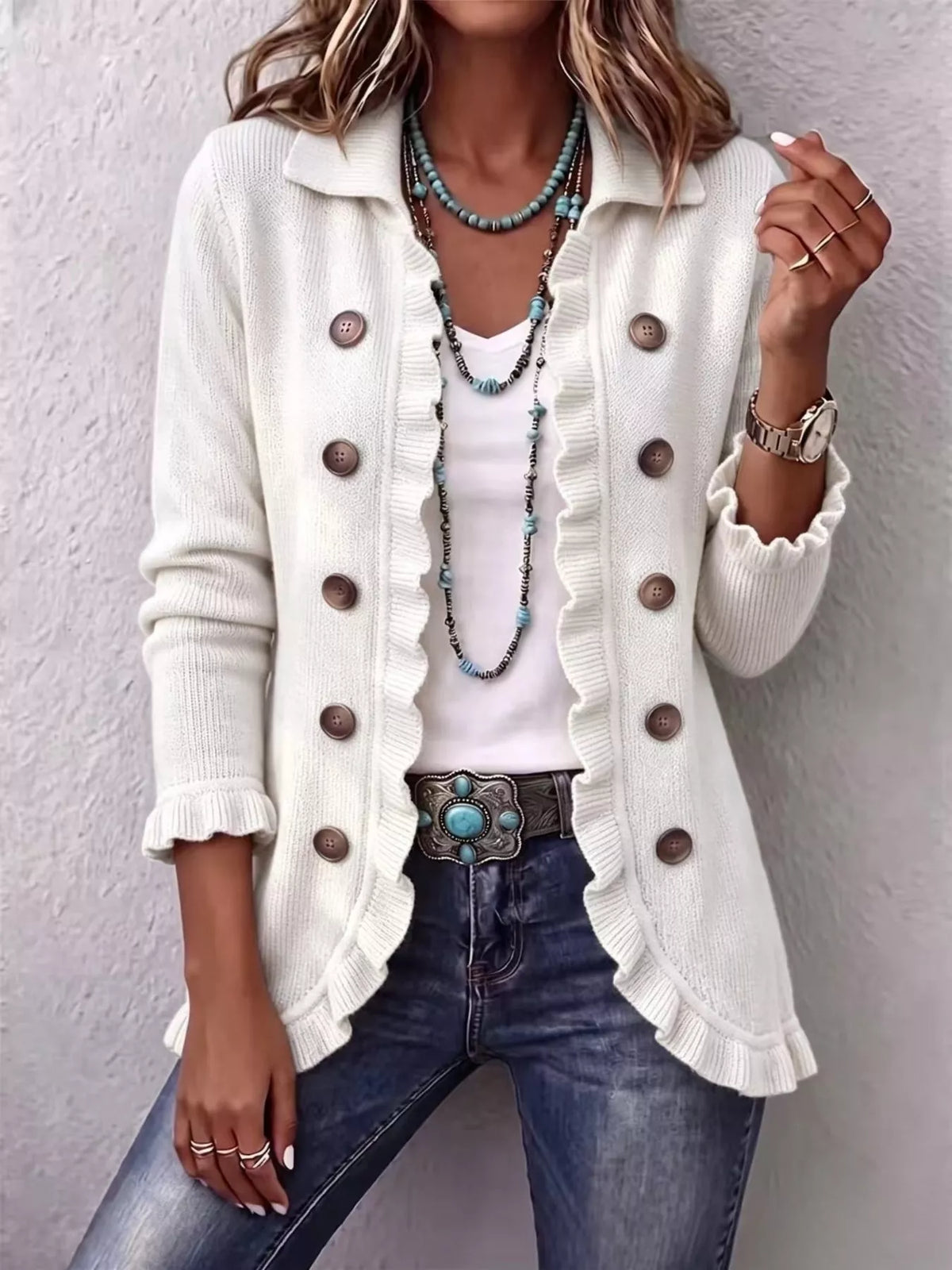 Full Size Ruffled Trim Decorative Button Cardigan Plus Size - Lilixa.store