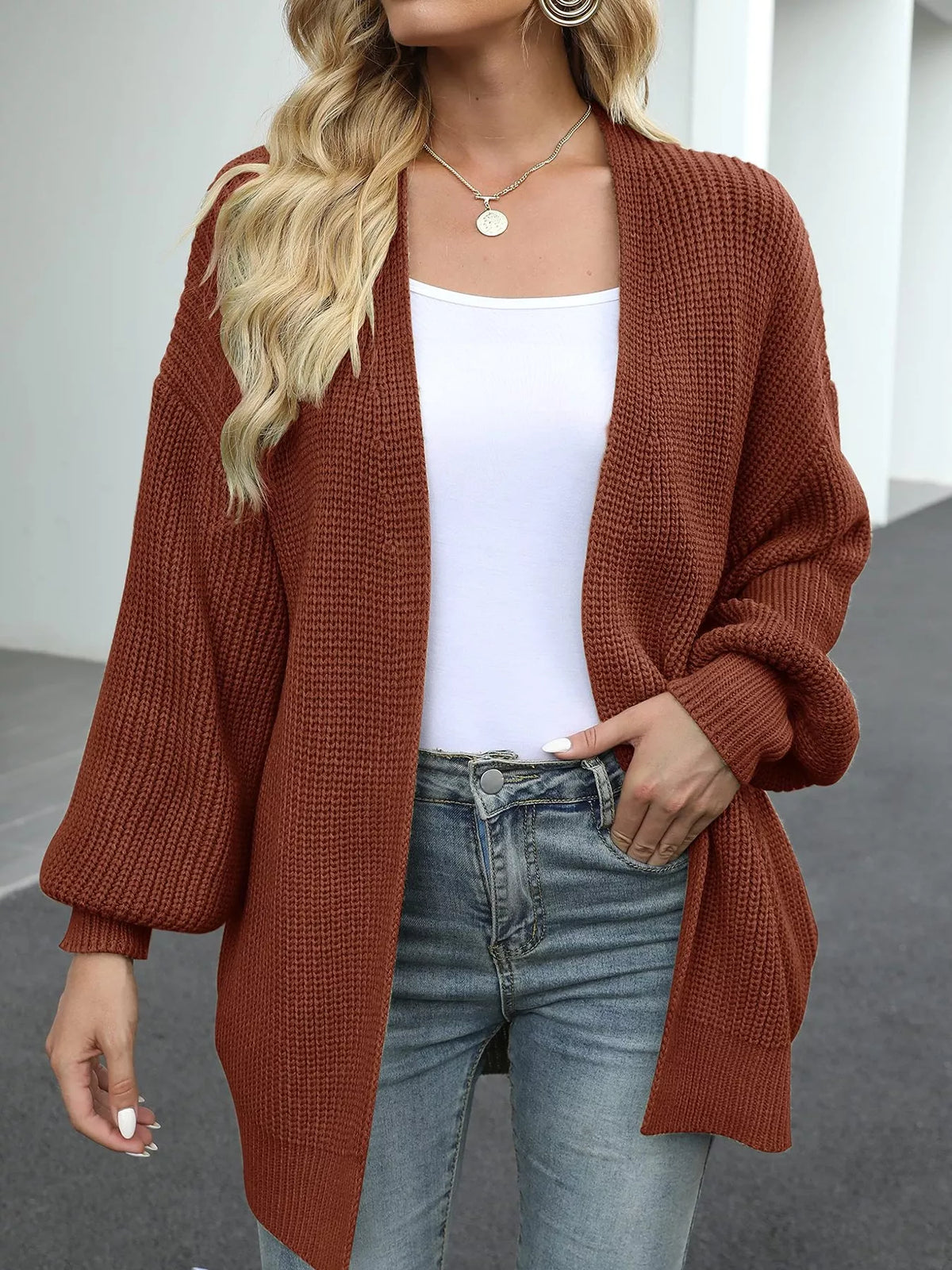 Open-Front Chunky Knit Cardigan - Lilixa.store