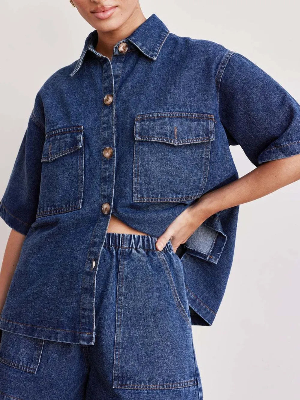 Button Up Half Sleeve Denim Shirt - Lilixa.store