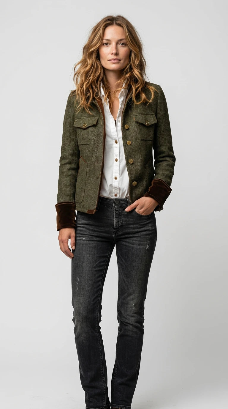 Full Size Vintage Herringbone Tweed Blazer with Velvet Cuffs Plus Size in Army Green