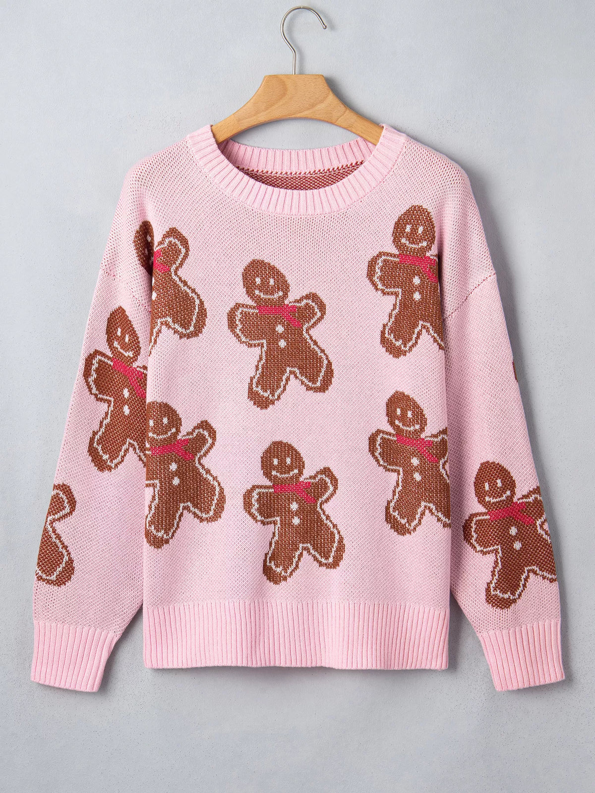 Gingerbread Pattern Round Neck Long Sleeve Shift Sweater - Lilixa.store
