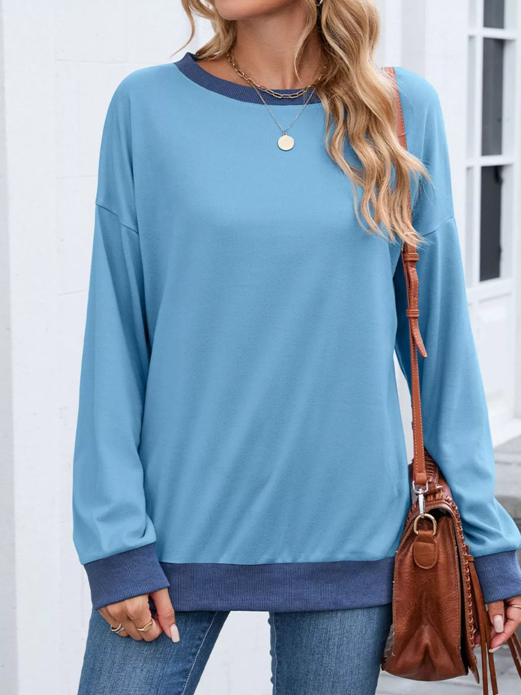 Contrast Trim Long Sleeve Sweatshirt - Lilixa.store