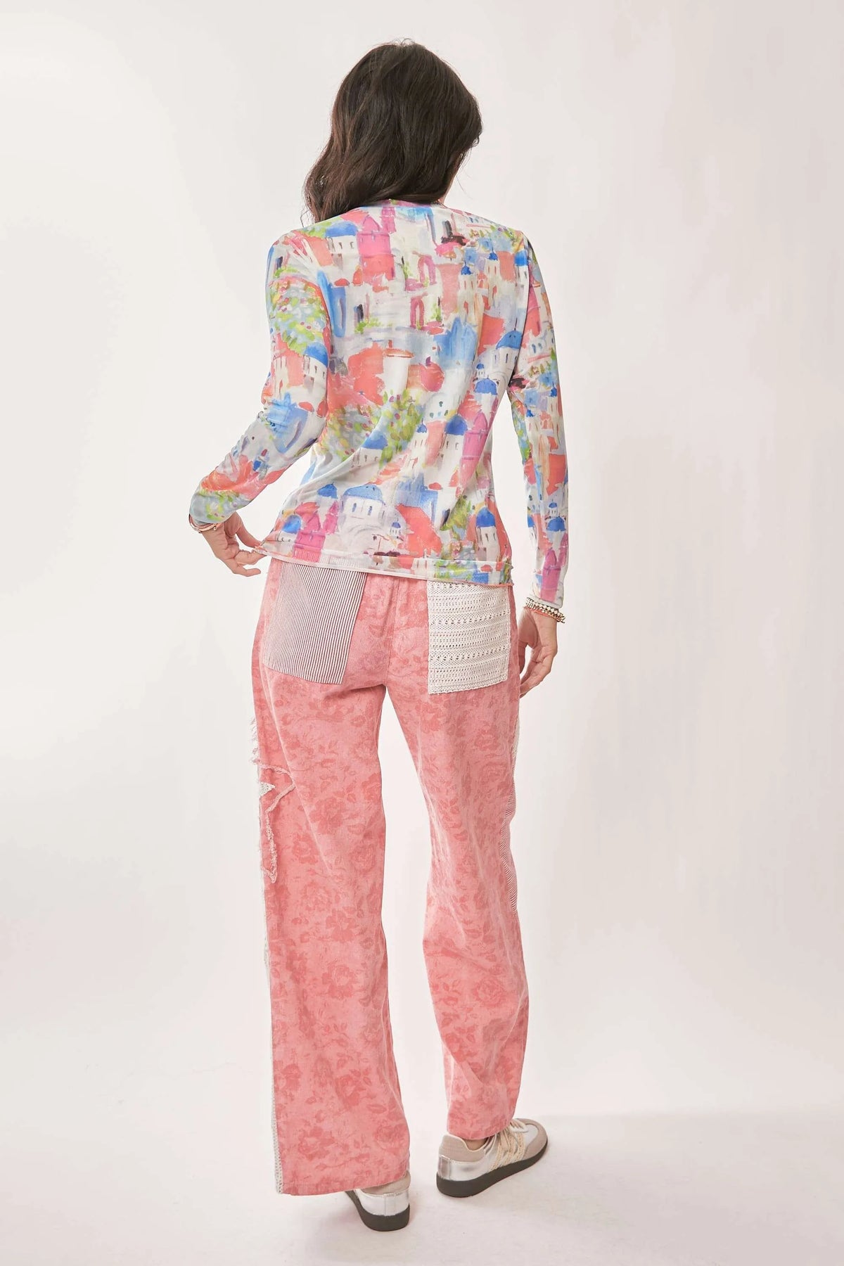 Davi & Dani Multi Printed Mesh Round Neck Long Sleeve Top - Lilixa.store