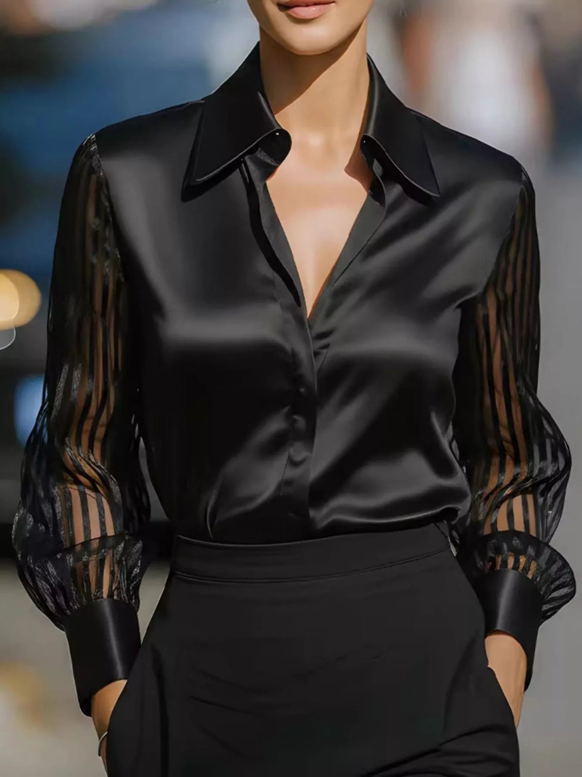 Elegant Shirt with Sheer Striped Sleeves in Black