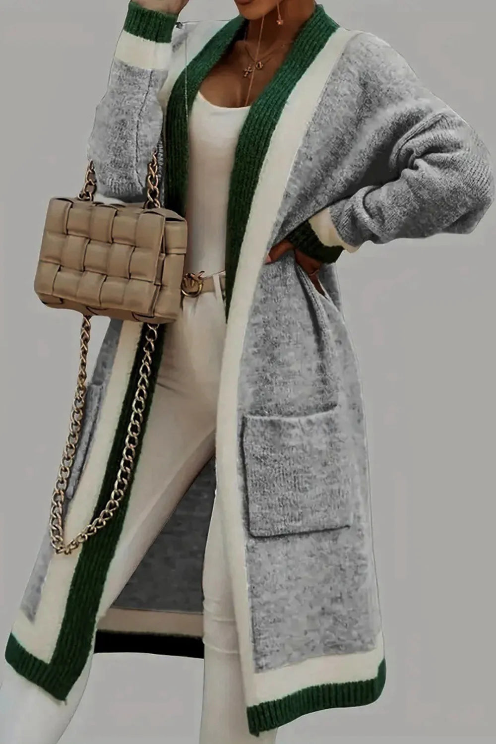 Pocketed Contrast Long Sleeve Hooded Cardigan - Lilixa.store