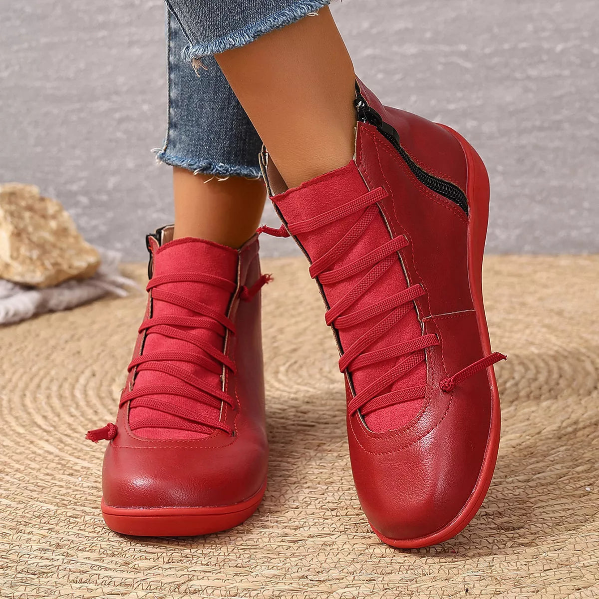 Lace-Up Faux Leather Ankle Boots, view 6