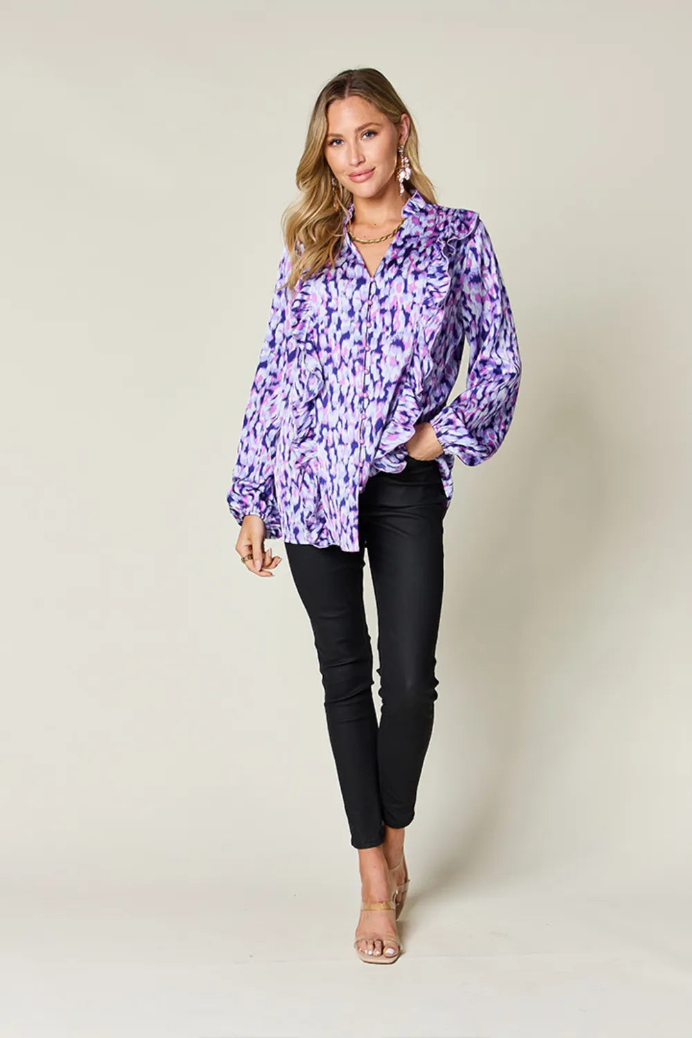 Double Take Full Size Printed Ruffle Trim Balloon Sleeve Shirt Plus Size - Lilixa.store