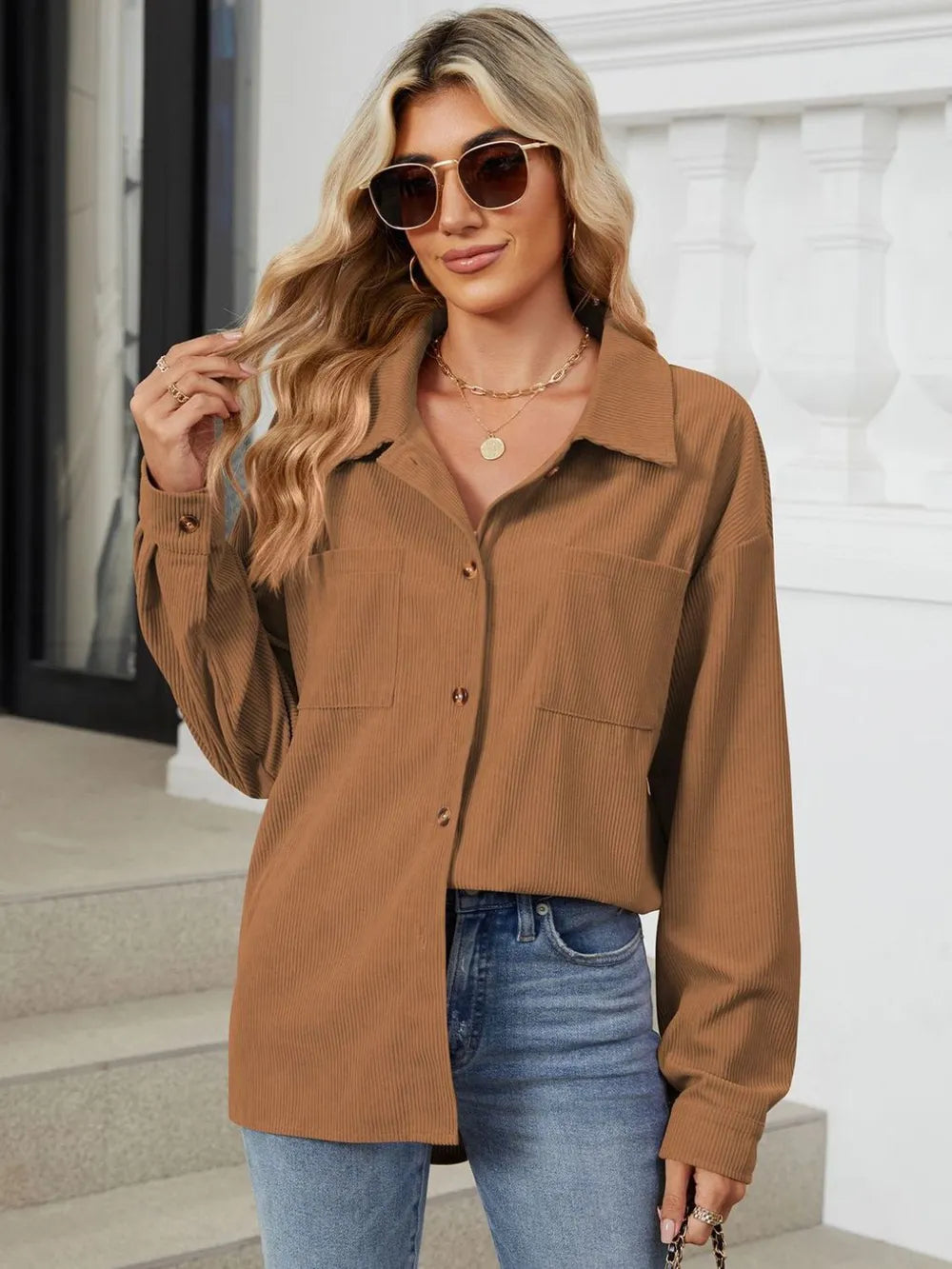 Button Up Dropped Shoulder Long Sleeve Outerwear - Lilixa.store