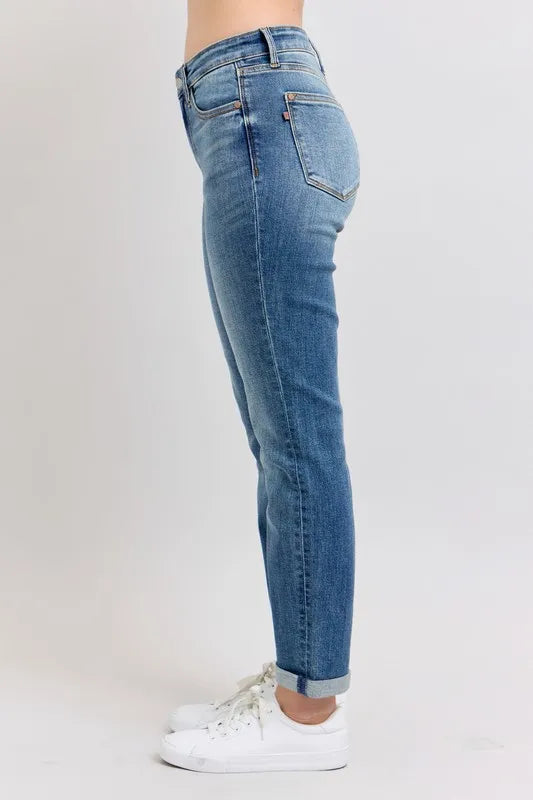Judy Blue Full Size Mid Rise Skinny Cuff Jeans with Pockets Plus Size - Lilixa.store