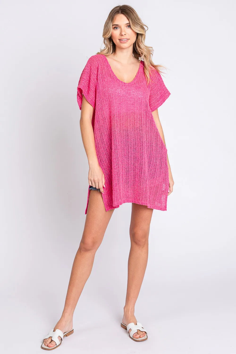 GeeGee Short Sleeve Side Slit Knit Cover Up Dress - Lilixa.store