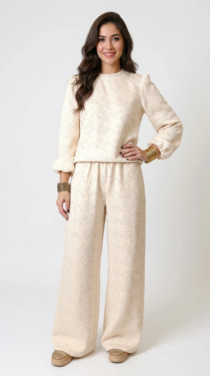 Double Take Texture Long Sleeve Top and Wide Leg Pants Set in Cream