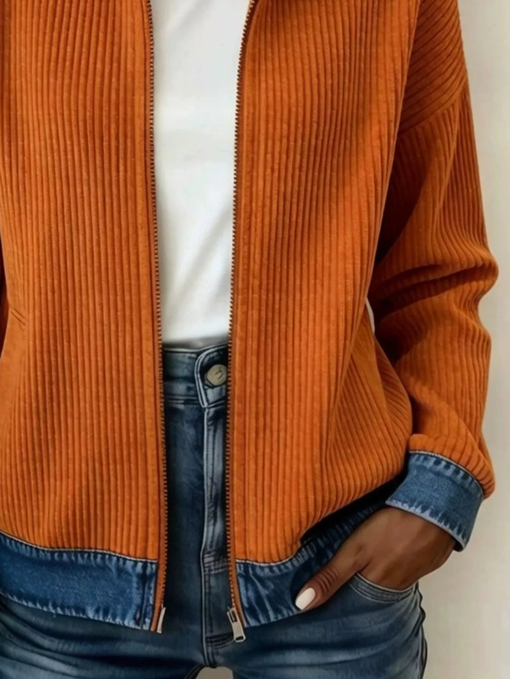 Contrast Denim Collar Ribbed Knit Jacket - Lilixa.store