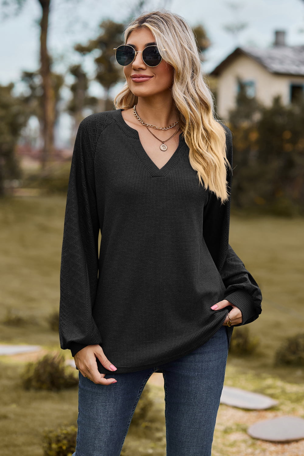 Notched Neck Raglan Sleeve Blouse, view 9