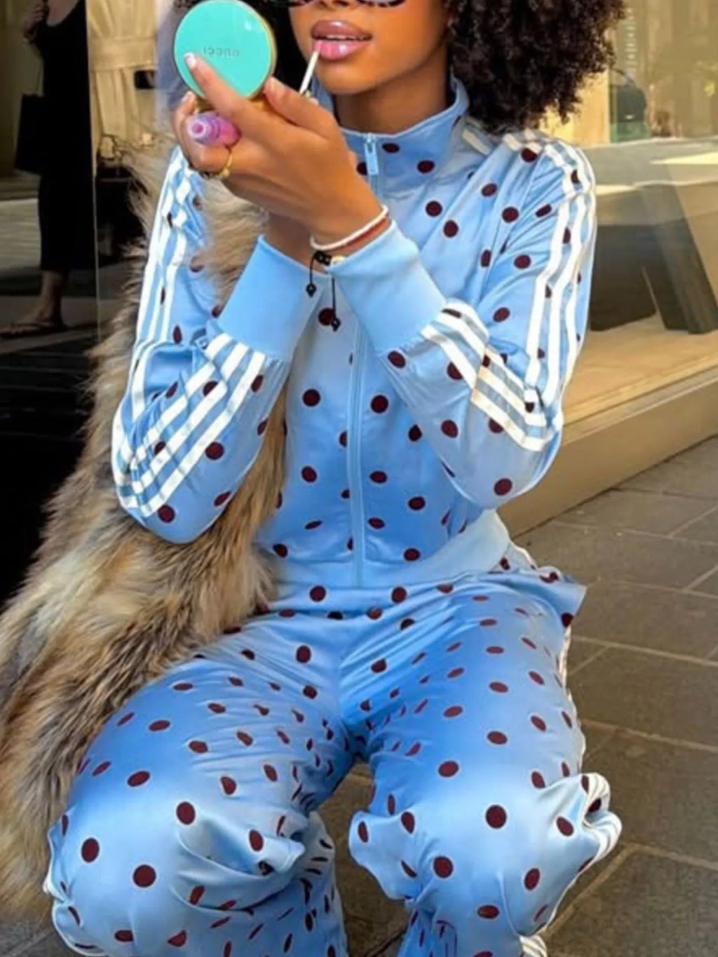 Polka Dot Side Striped Outerwear and Pants Set - Lilixa.store