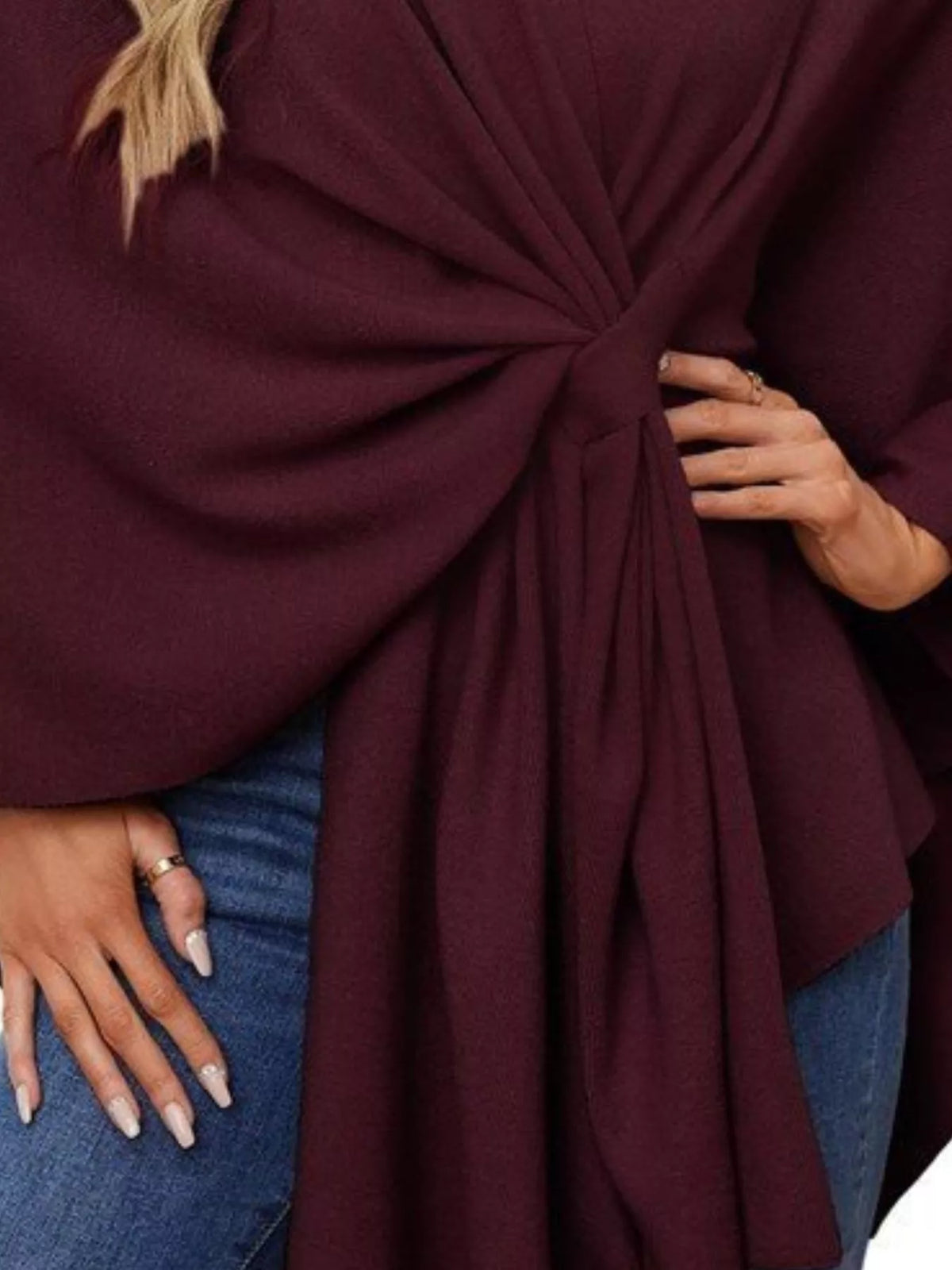 Solid Color Tie-Front Knit Cape Top, view 12