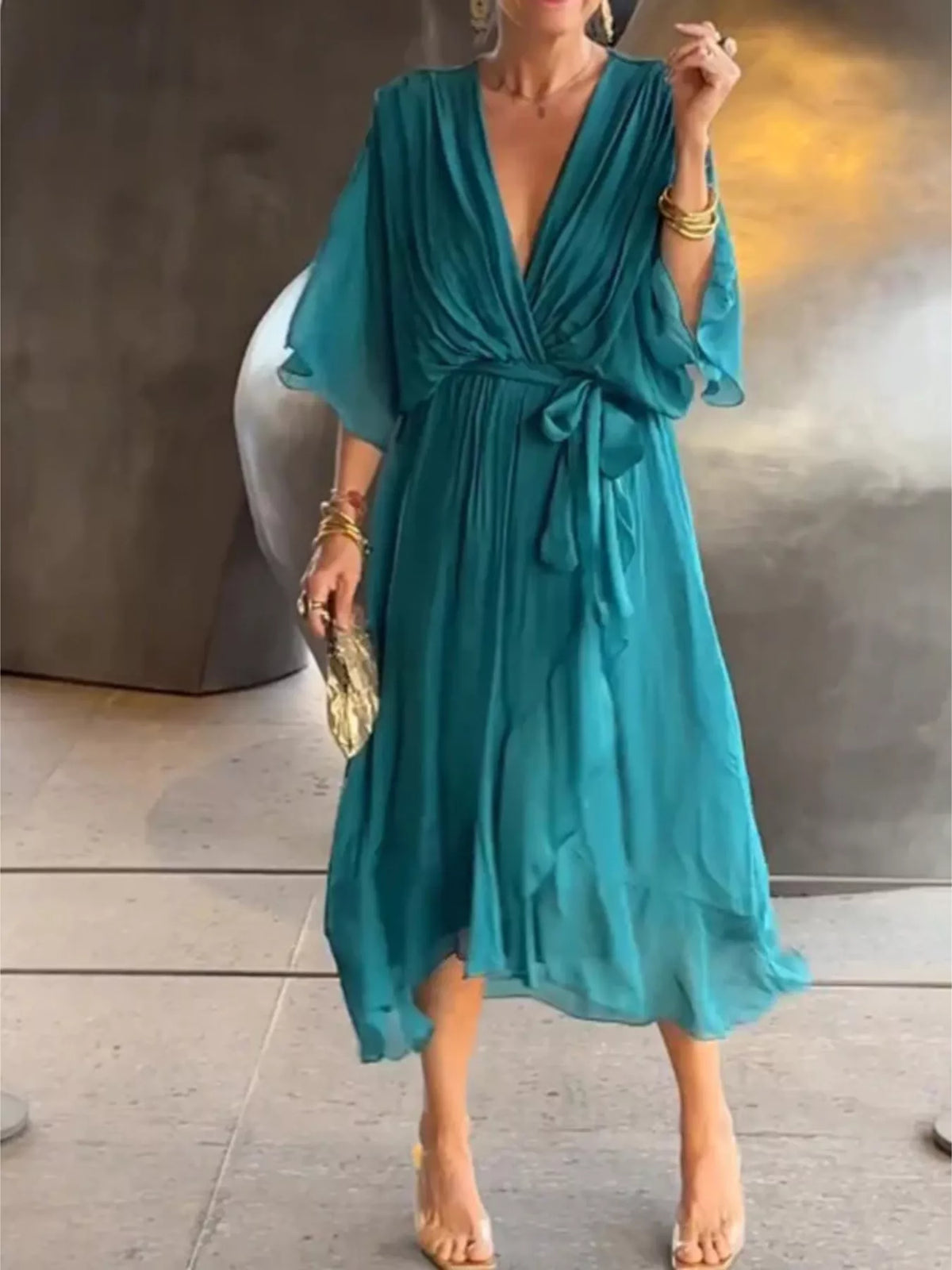 Full Size Chiffon Wrap Dress with Flutter Sleeves Plus Size - Lilixa.store