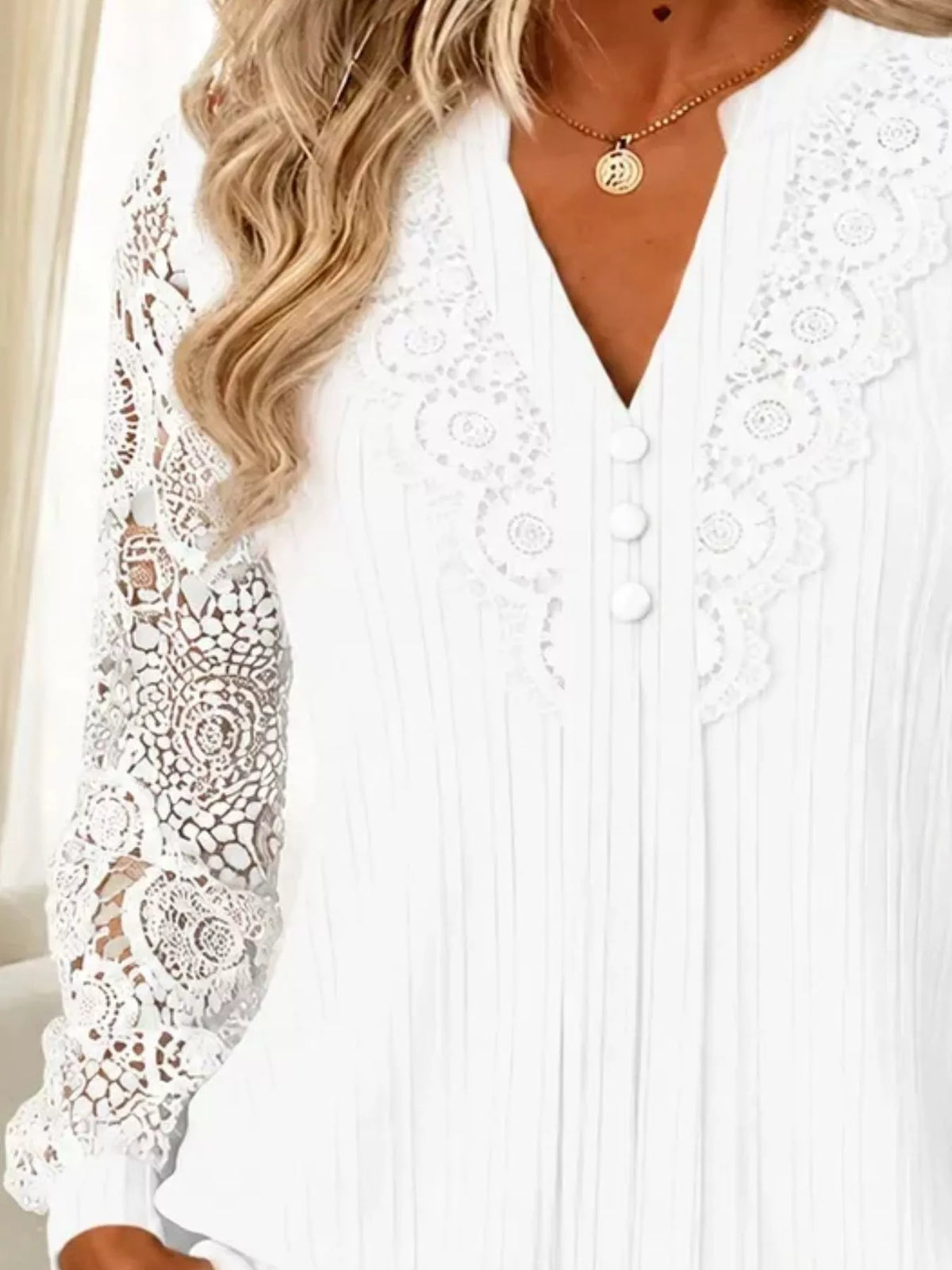 Lace Long Sleeve Notched Blouse - Lilixa.store