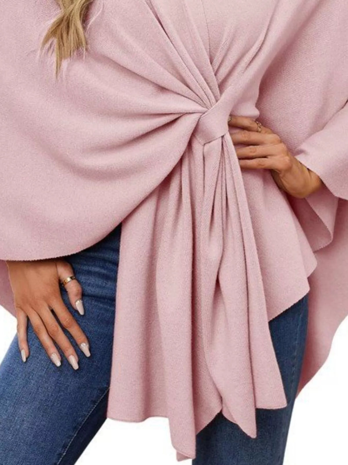 Solid Color Tie-Front Knit Cape Top, view 10