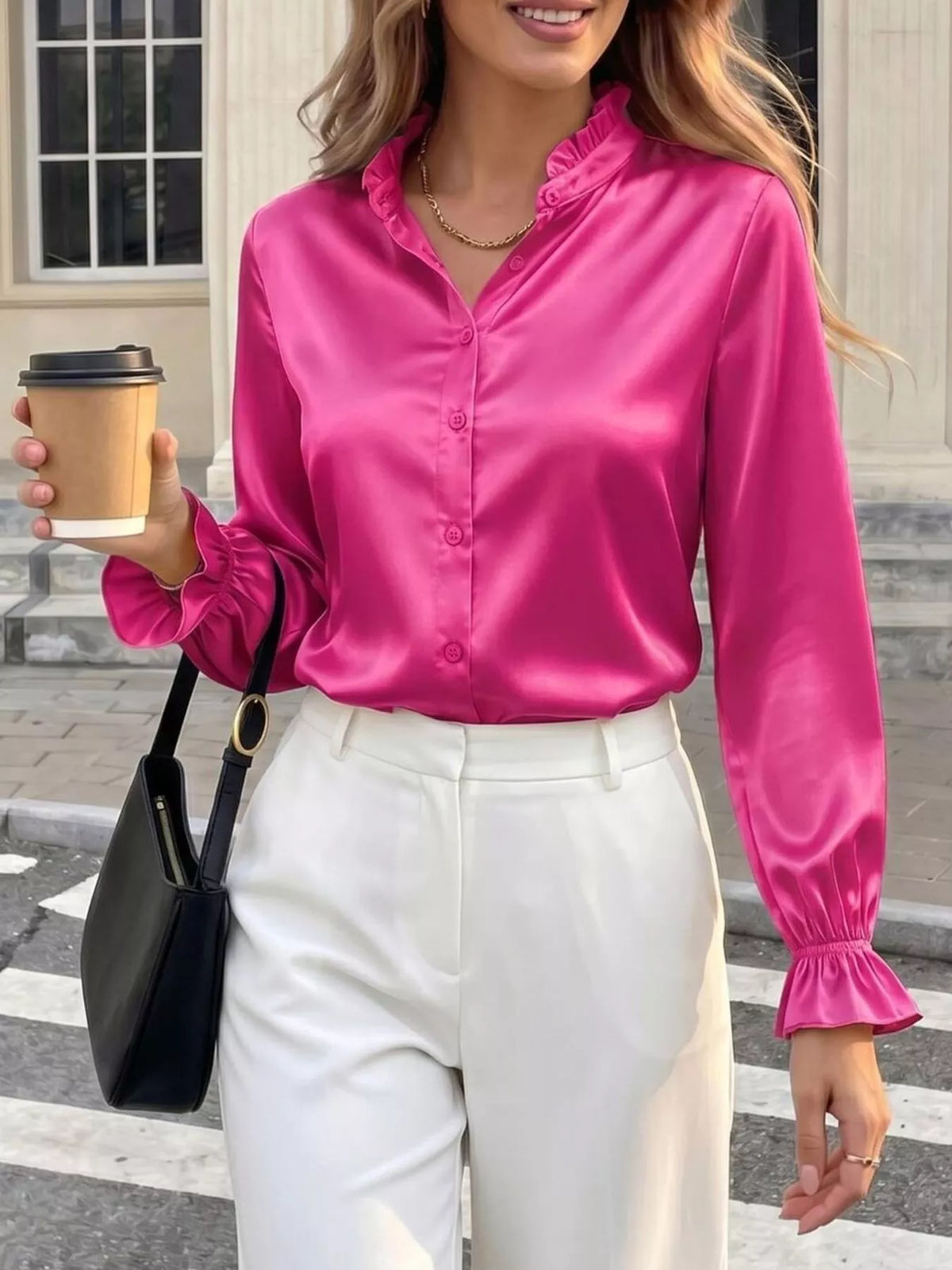 Elegant Button Down Ruffle Trim Satin Shirt, view 5